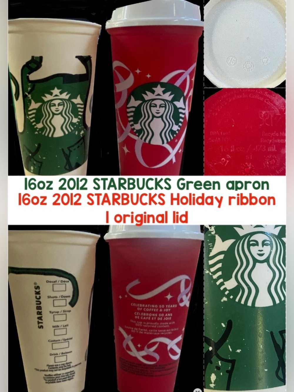 Starbucks Red Holiday Ribbon & Green Apron Reusable Cups